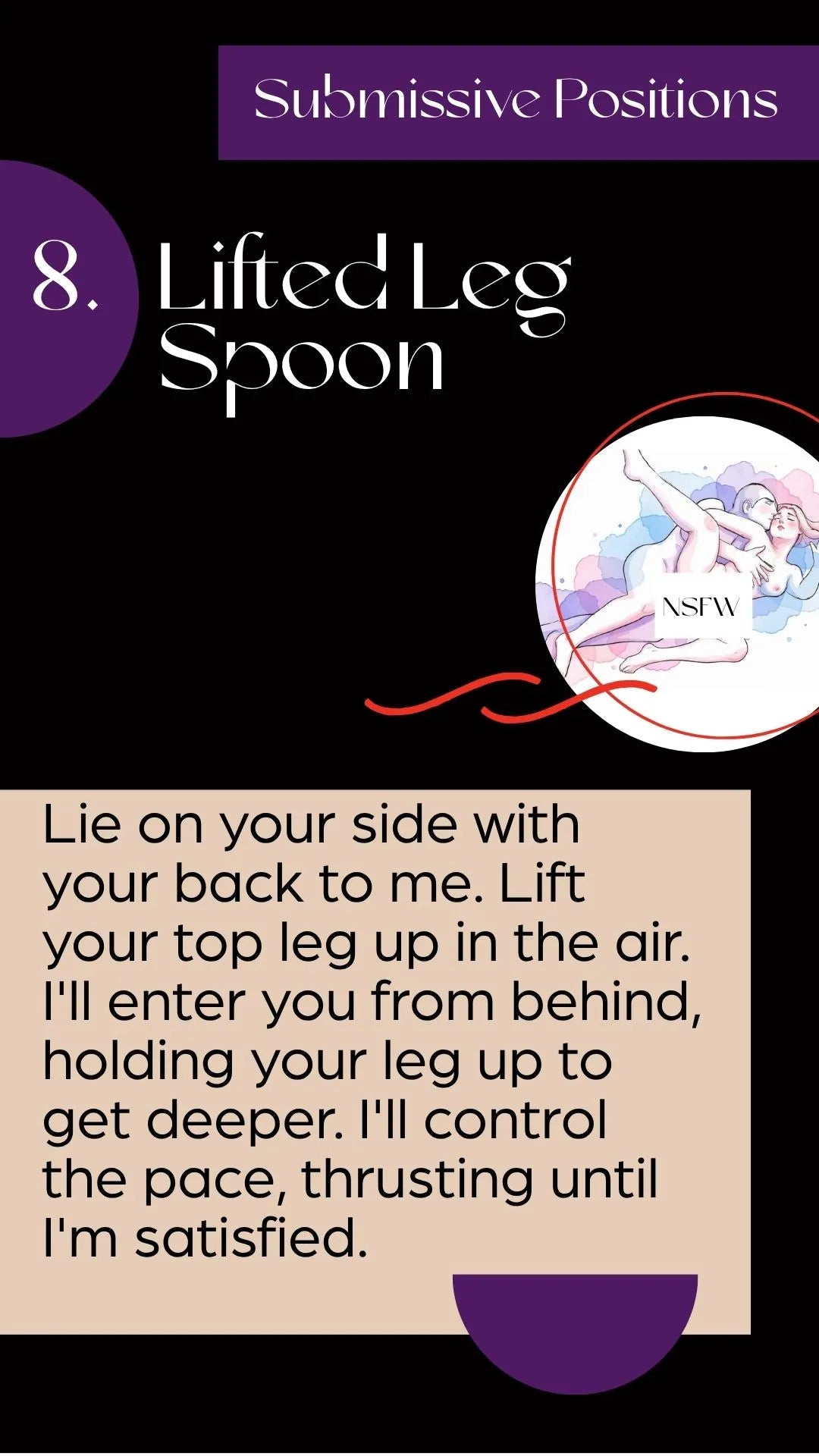 An instructional graphic titled 'Submissive Positions' with a black background, purple text blocks, a beige instruction panel, and a small circular illustration.