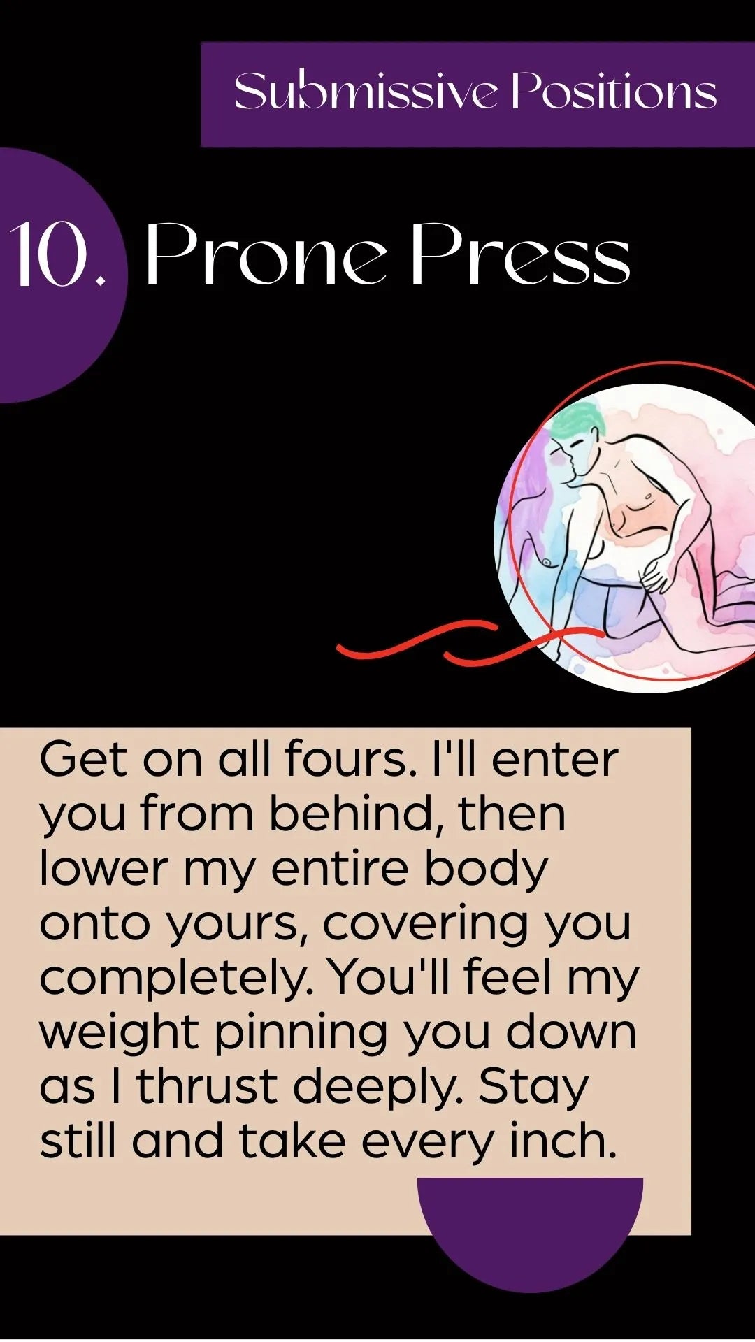 Illustration of a woman lying face down while her partner enters from behind in a submissive position.