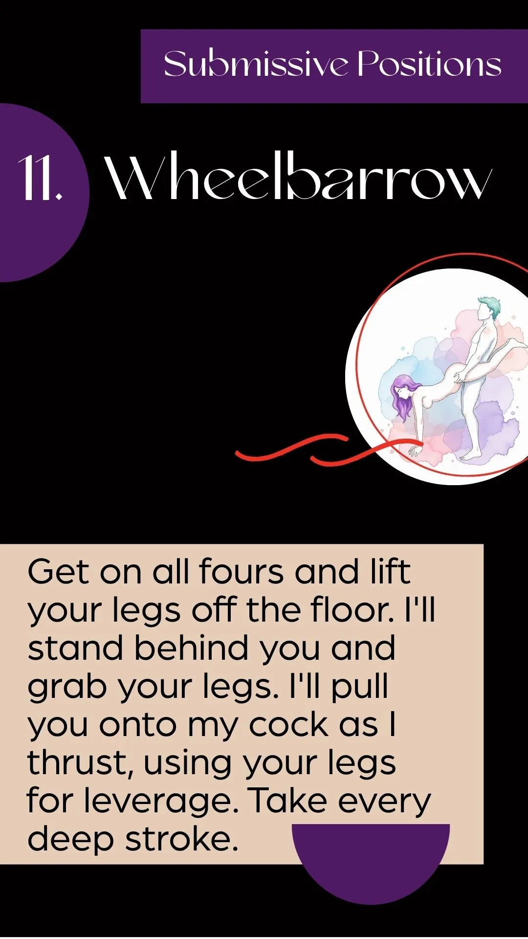 Illustration of a woman supported by her partner in a wheelbarrow-style submissive position.